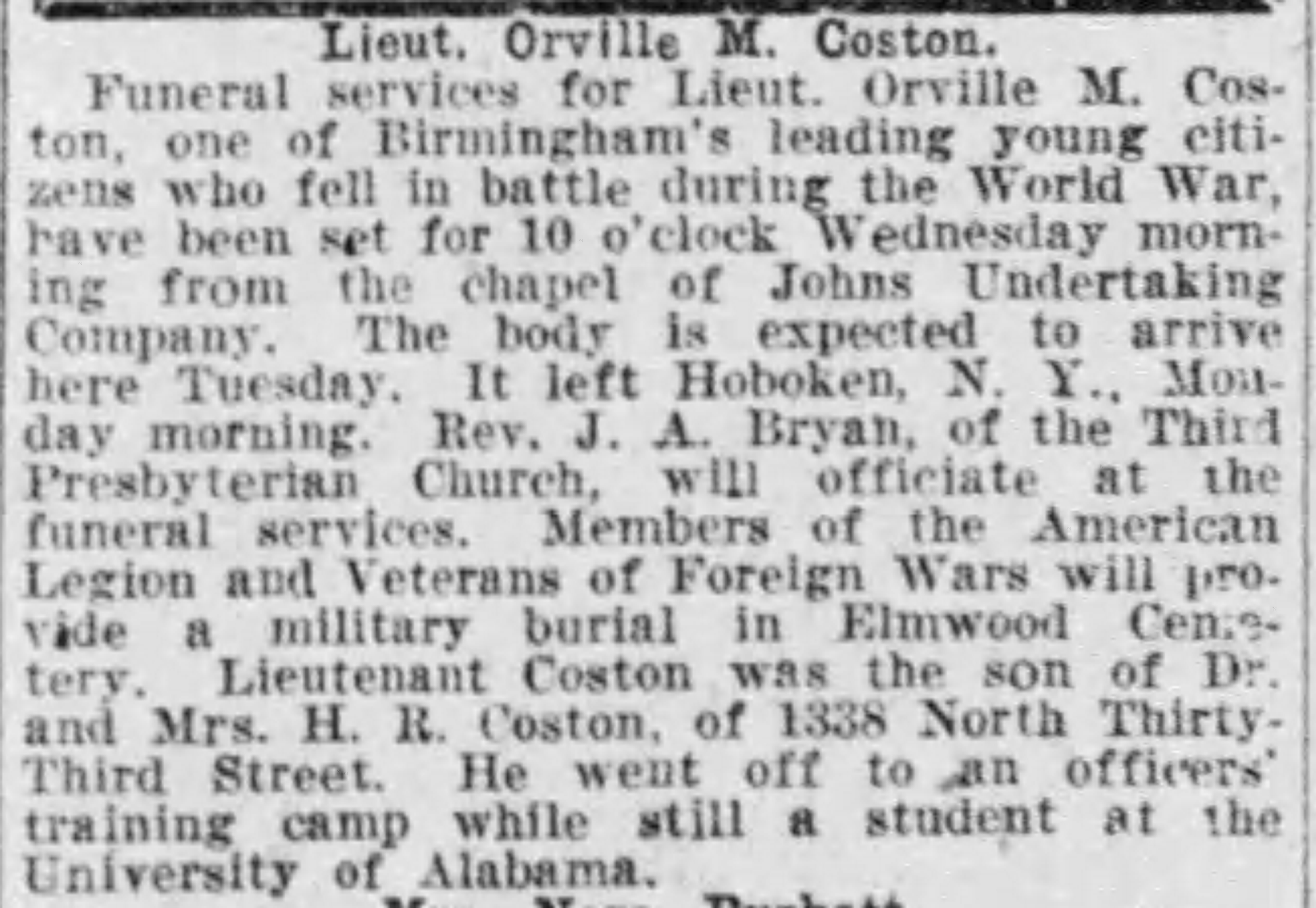 Lietenant Orville M. Coston obituary
